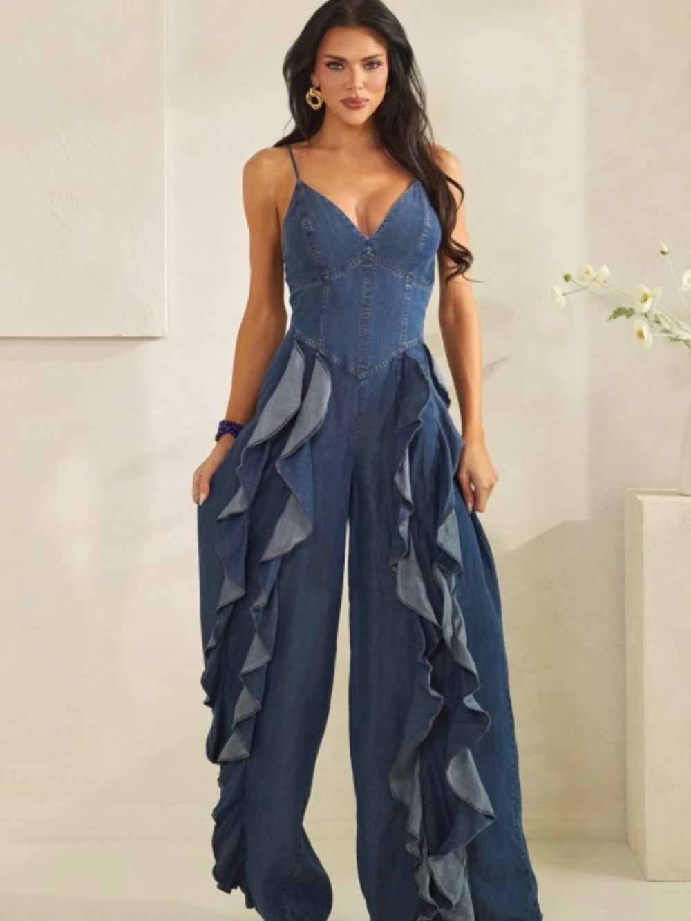 Denim Ruffle Wide-Leg Jumpsuit - Blue - Picture 4 of 4